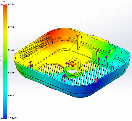 SOLIDWORKS Plastics Standard air traps along with injection location in red color