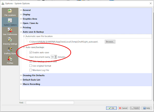 Draftsight Enable auto-save