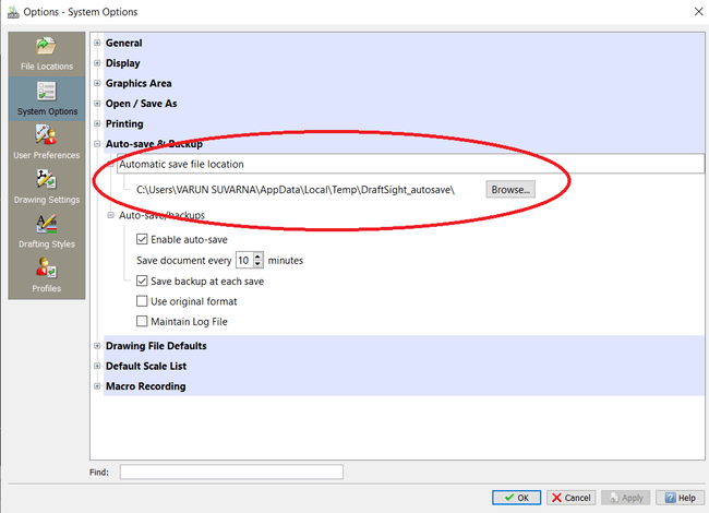 Draftsight Automatic save file location