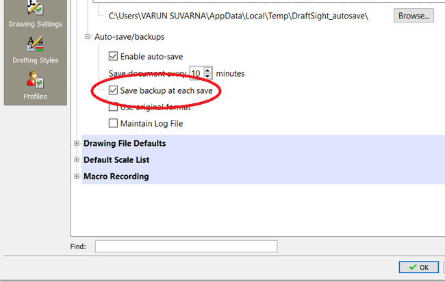 Draftsight save backup at each save